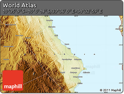 Physical Map of the Area around 10° 17' 43" S, 34° 4' 30" E