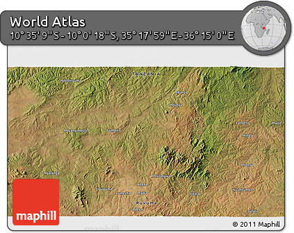 Satellite 3D Map of the Area around 10° 17' 43" S, 35° 46' 29" E