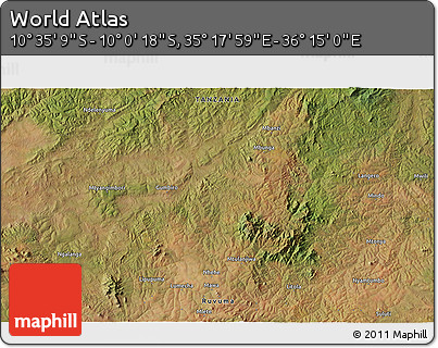 Satellite 3D Map of the Area around 10° 17' 43" S, 35° 46' 29" E