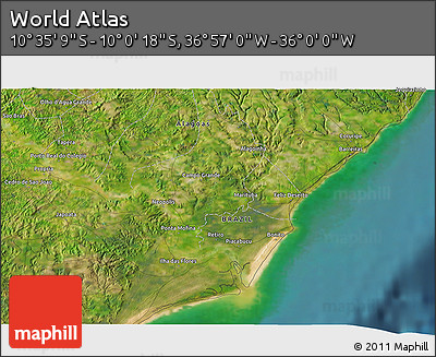 Satellite 3D Map of the Area around 10° 17' 43" S, 36° 28' 30" W