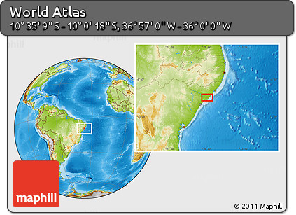 Physical Location Map of the Area around 10° 17' 43" S, 36° 28' 30" W