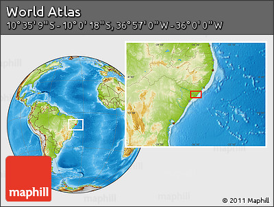 Physical Location Map of the Area around 10° 17' 43" S, 36° 28' 30" W