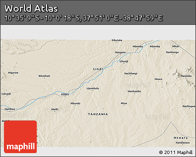 Shaded Relief 3D Map of the Area around 10° 17' 43" S, 38° 19' 30" E