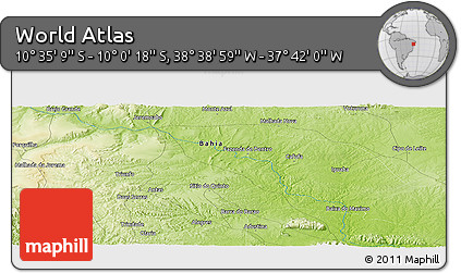 Physical Panoramic Map of the Area around 10° 17' 43" S, 38° 10' 29" W