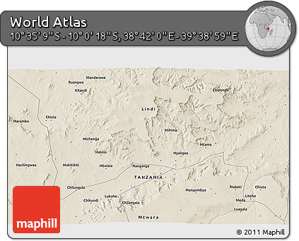 Shaded Relief 3D Map of the Area around 10° 17' 43" S, 39° 10' 29" E