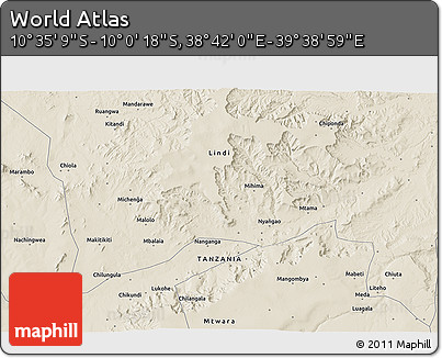 Shaded Relief 3D Map of the Area around 10° 17' 43" S, 39° 10' 29" E