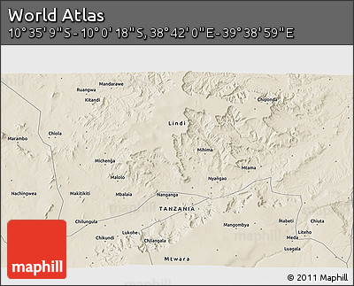 Shaded Relief 3D Map of the Area around 10° 17' 43" S, 39° 10' 29" E