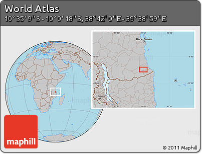 Gray Location Map of the Area around 10° 17' 43" S, 39° 10' 29" E