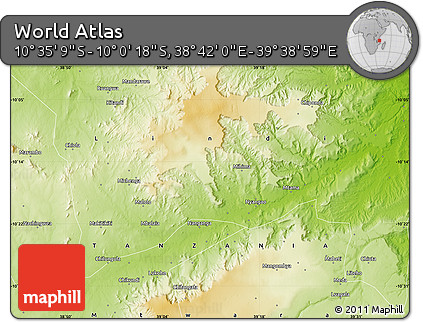 Physical Map of the Area around 10° 17' 43" S, 39° 10' 29" E
