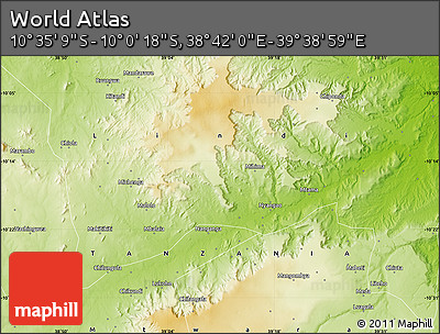 Physical Map of the Area around 10° 17' 43" S, 39° 10' 29" E