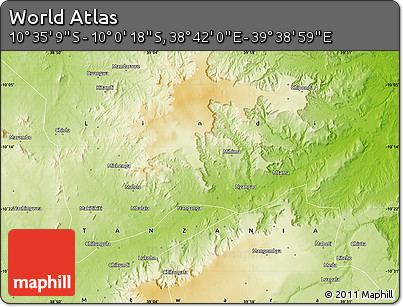 Physical Map of the Area around 10° 17' 43" S, 39° 10' 29" E