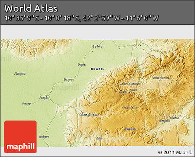 Physical 3D Map of the Area around 10° 17' 43" S, 41° 34' 30" W