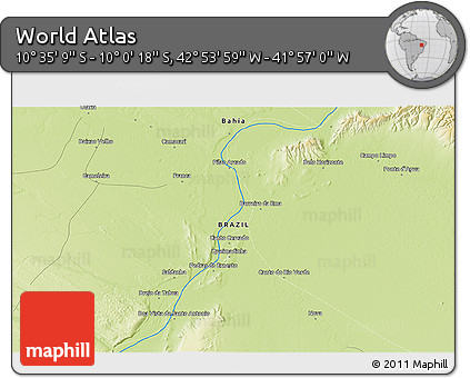 Physical 3D Map of the Area around 10° 17' 43" S, 42° 25' 29" W