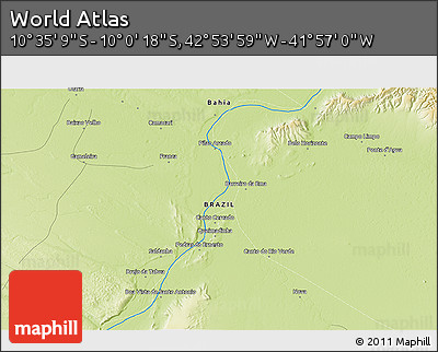 Physical 3D Map of the Area around 10° 17' 43" S, 42° 25' 29" W