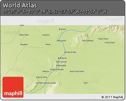 Physical 3D Map of the Area around 10° 17' 43" S, 42° 25' 29" W