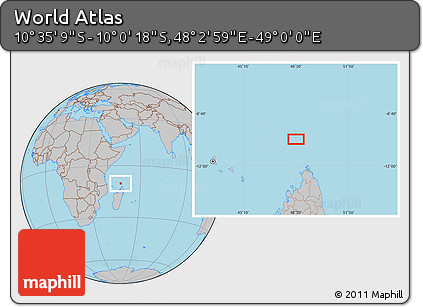 Gray Location Map of the Area around 10° 17' 43" S, 48° 31' 29" E