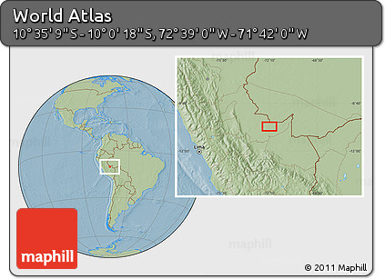 Savanna Style Location Map of the Area around 10° 17' 43" S, 72° 10' 30" W, hill shading