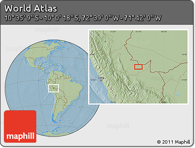 Savanna Style Location Map of the Area around 10° 17' 43" S, 72° 10' 30" W, hill shading