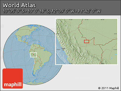 Savanna Style Location Map of the Area around 10° 17' 43" S, 72° 10' 30" W, hill shading