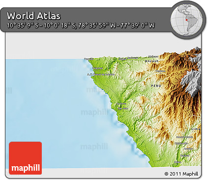 Physical 3D Map of the Area around 10° 17' 43" S, 78° 7' 30" W