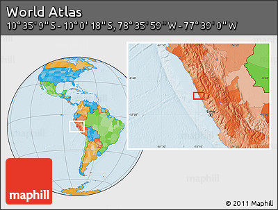 Political Location Map of the Area around 10° 17' 43" S, 78° 7' 30" W