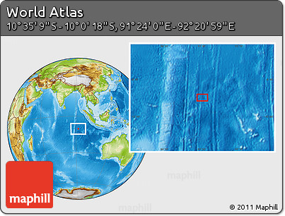 Physical Location Map of the Area around 10° 17' 43" S, 91° 52' 30" E