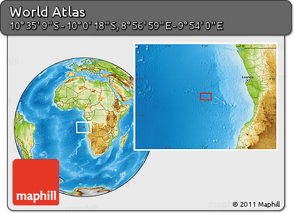 Physical Location Map of the Area around 10° 17' 43" S, 9° 25' 30" E