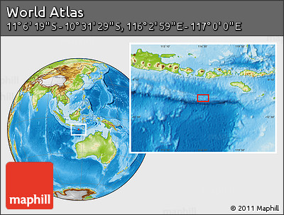 Physical Location Map of the Area around 10° 48' 54" S, 116° 31' 30" E
