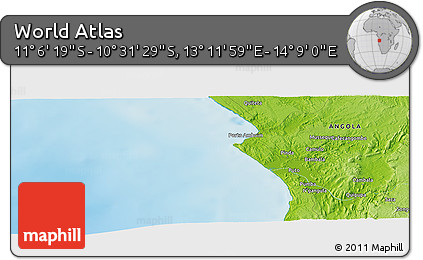Physical Panoramic Map of the Area around 10° 48' 54" S, 13° 40' 30" E