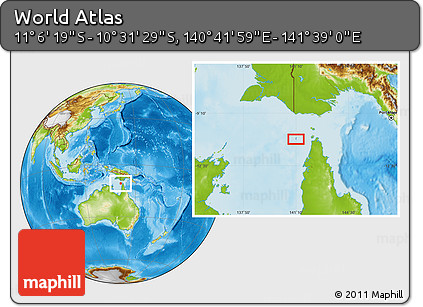 Physical Location Map of the Area around 10° 48' 54" S, 141° 10' 30" E