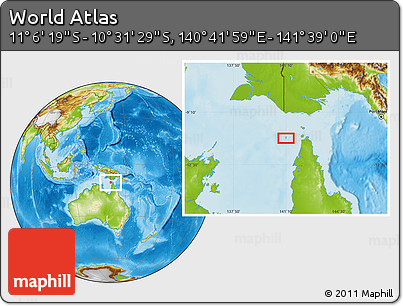 Physical Location Map of the Area around 10° 48' 54" S, 141° 10' 30" E