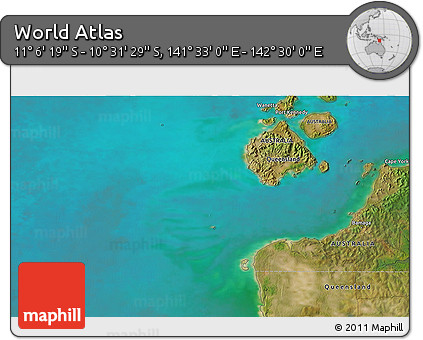 Satellite 3D Map of the Area around 10° 48' 54" S, 142° 1' 30" E