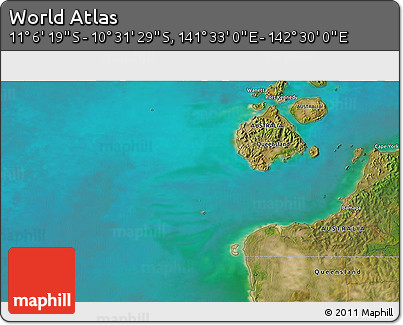 Satellite 3D Map of the Area around 10° 48' 54" S, 142° 1' 30" E