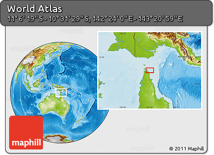 Physical Location Map of the Area around 10° 48' 54" S, 142° 52' 30" E