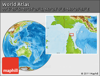 Physical Location Map of the Area around 10° 48' 54" S, 142° 52' 30" E