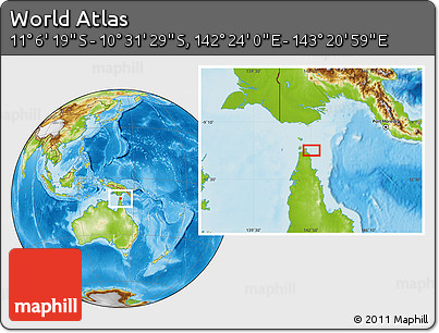 Physical Location Map of the Area around 10° 48' 54" S, 142° 52' 30" E