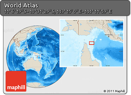Shaded Relief Location Map of the Area around 10° 48' 54" S, 143° 43' 29" E
