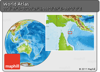 Physical Location Map of the Area around 10° 48' 54" S, 144° 34' 29" E