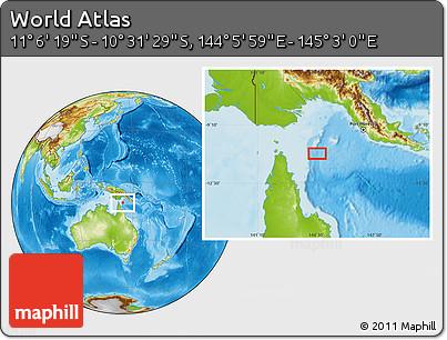 Physical Location Map of the Area around 10° 48' 54" S, 144° 34' 29" E