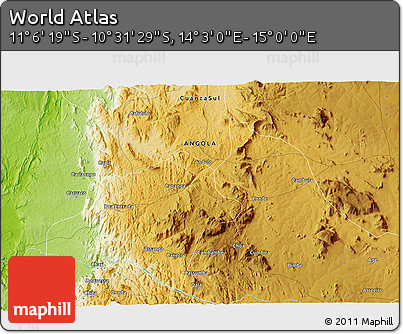 Physical 3D Map of the Area around 10° 48' 54" S, 14° 31' 30" E