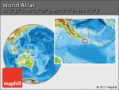 Physical Location Map of the Area around 10° 48' 54" S, 150° 31' 30" E