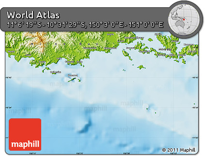 Physical Map of the Area around 10° 48' 54" S, 150° 31' 30" E