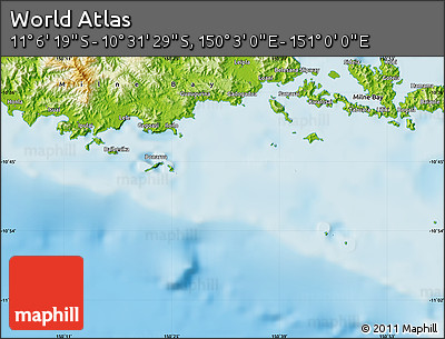 Physical Map of the Area around 10° 48' 54" S, 150° 31' 30" E