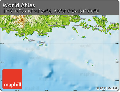 Physical Map of the Area around 10° 48' 54" S, 150° 31' 30" E