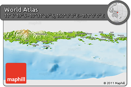 Physical Panoramic Map of the Area around 10° 48' 54" S, 150° 31' 30" E