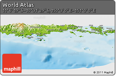Physical Panoramic Map of the Area around 10° 48' 54" S, 150° 31' 30" E