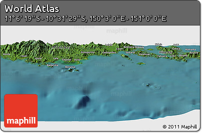 Satellite Panoramic Map of the Area around 10° 48' 54" S, 150° 31' 30" E