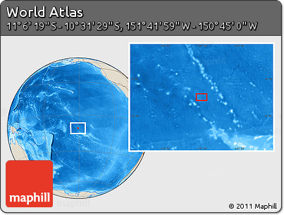 Shaded Relief Location Map of the Area around 10° 48' 54" S, 151° 13' 29" W
