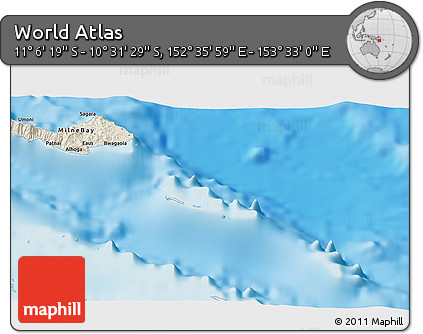 Shaded Relief 3D Map of the Area around 10° 48' 54" S, 153° 4' 29" E