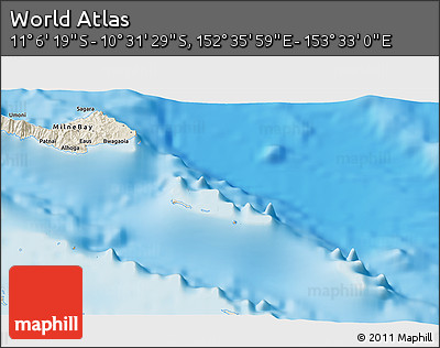 Shaded Relief 3D Map of the Area around 10° 48' 54" S, 153° 4' 29" E
